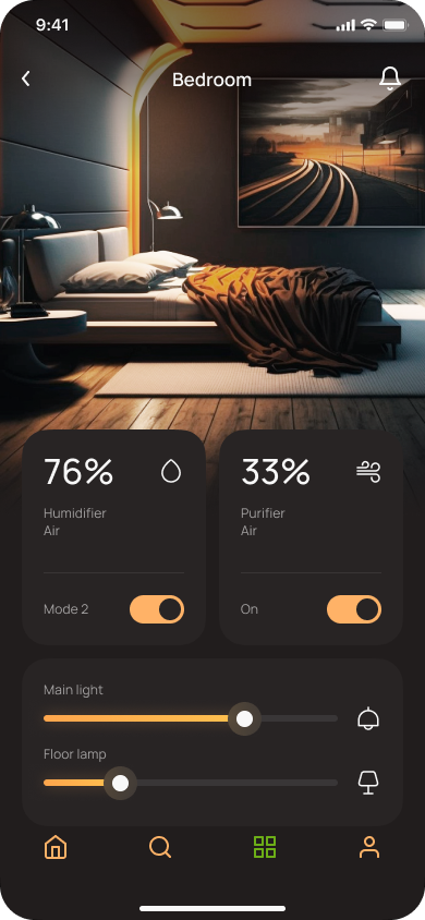 Smart Home app — Bedroom control screen with humidity, purifier and lighting sliders
